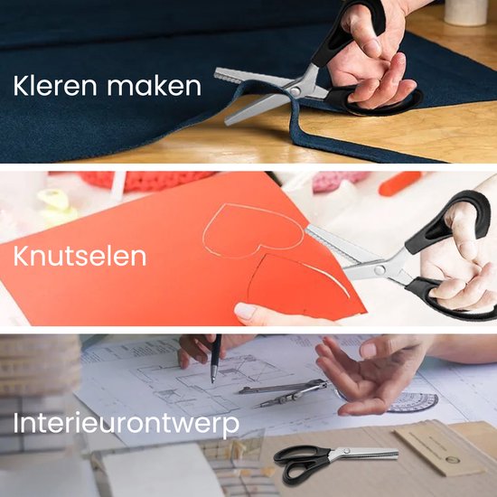 3 afbeeldingen die de schaar tonen voor het maken van kleding, knutselen en interieurontwerp.