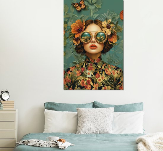 Tableau aluminium 100x150 cm - Décoration murale métal - Femme - Fleurs - Papillons - Nature - Vintage - Décoration murale métal salon - Décoration industrielle - Photo sur dibond - Accessoires industriels chambre