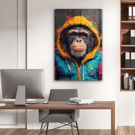 MuchoWow® Peinture sur verre 80x120 cm - Peinture sur verre acrylique - Graffiti - Chimpanzé - Manteau - Singe - Peinture - Photo sur verre - Décoration murale salon - Décoration murale chambre - Peintures