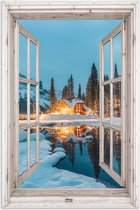 Poster 60x90 cm - Doorkijk - Winterlandschap - Natuur - Huis - Bergen - Posters - Kamer decoratie - Wanddecoratie woonkamer - Muurdecoratie slaapkamer