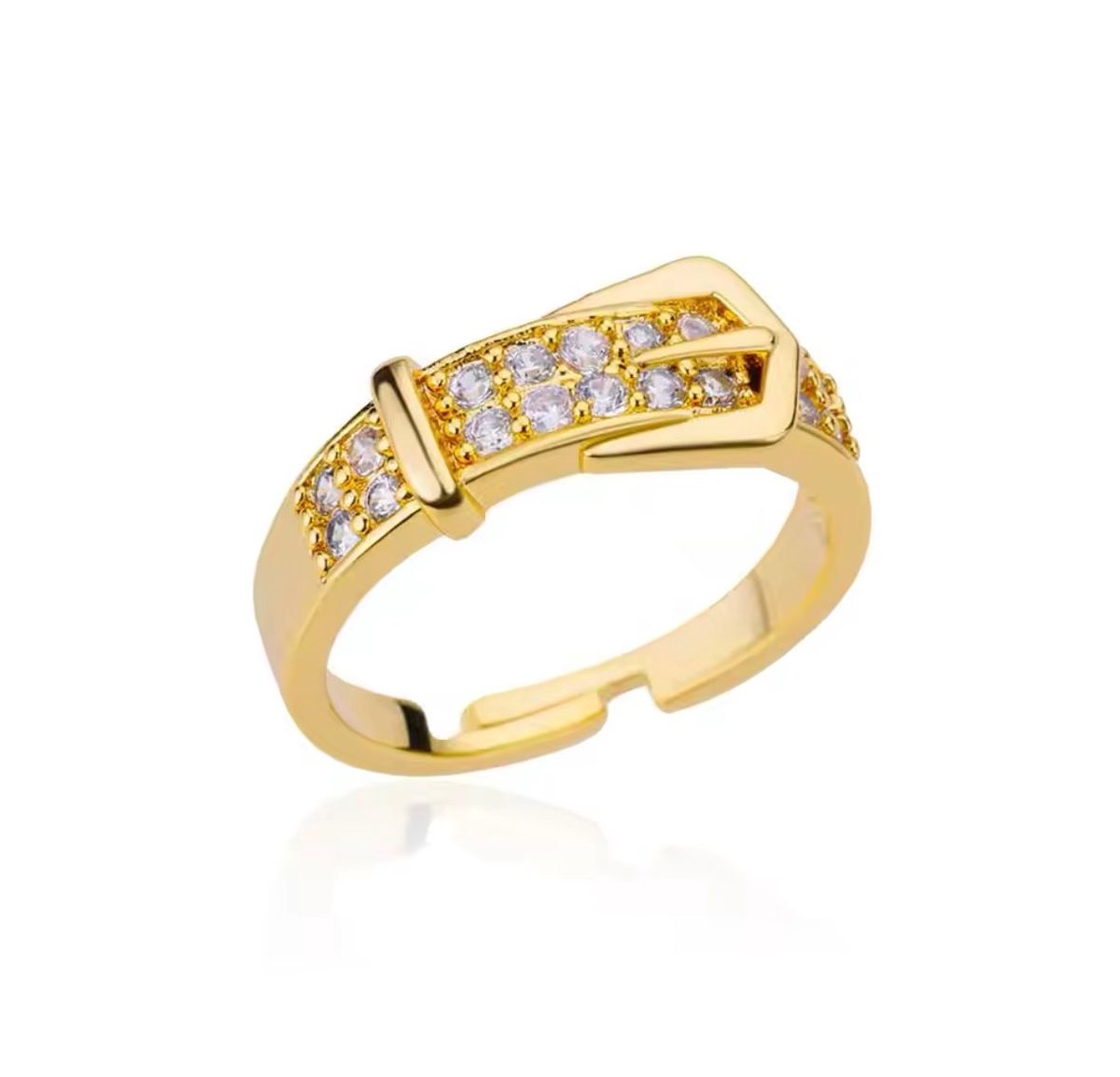 Dames Ring - Goud Kleur met Zirkonia - Ring - RVS - Riem Ring - Diameter 17 mm - Verstelbare Ring