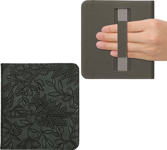 kwmobile e-reader hoesje geschikt voor Kobo Libra Colour hoes - E reader flip case met magneetsluiting - Ereader cover - Bloemen in reliëf design in groen van Merkloos — afbeelding 4