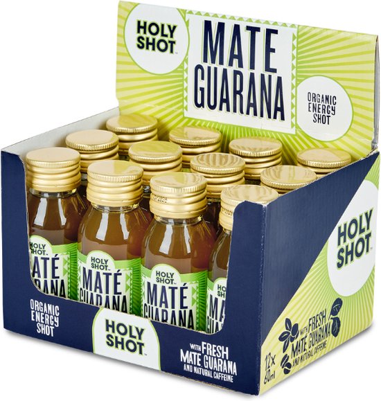 Displaydoos met twaalf kleine flesjes 'Holy Shot Maté Guarana' met gouden dopjes, groene en blauwe etiketten, met bloemdetails en tekst.