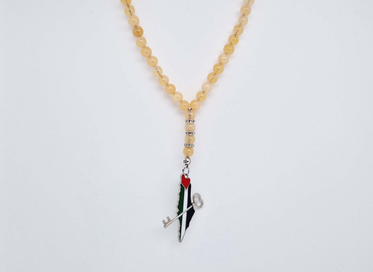 Handgemaakte Natuurstenen Autohanger "Calciet geel"- Met metalen hanger "Sleutel Palestina" - 8 mm diameter van de korrel- Mooie accessoire en decoratie voor de auto