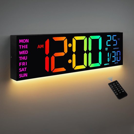 Klok numérique - Horloge murale - Écran LED - 7 couleurs - Grande Klok numérique de 16 pouces avec température - Date et heure d'été automatique - Veilleuse - Variateur de luminosité automatique - Horloge murale pour salon et Garage