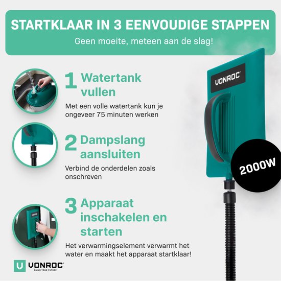 VONROC Behangafstomer – 2000W – Tankcapaciteit 4.5 liter – 3.5m stoomslang