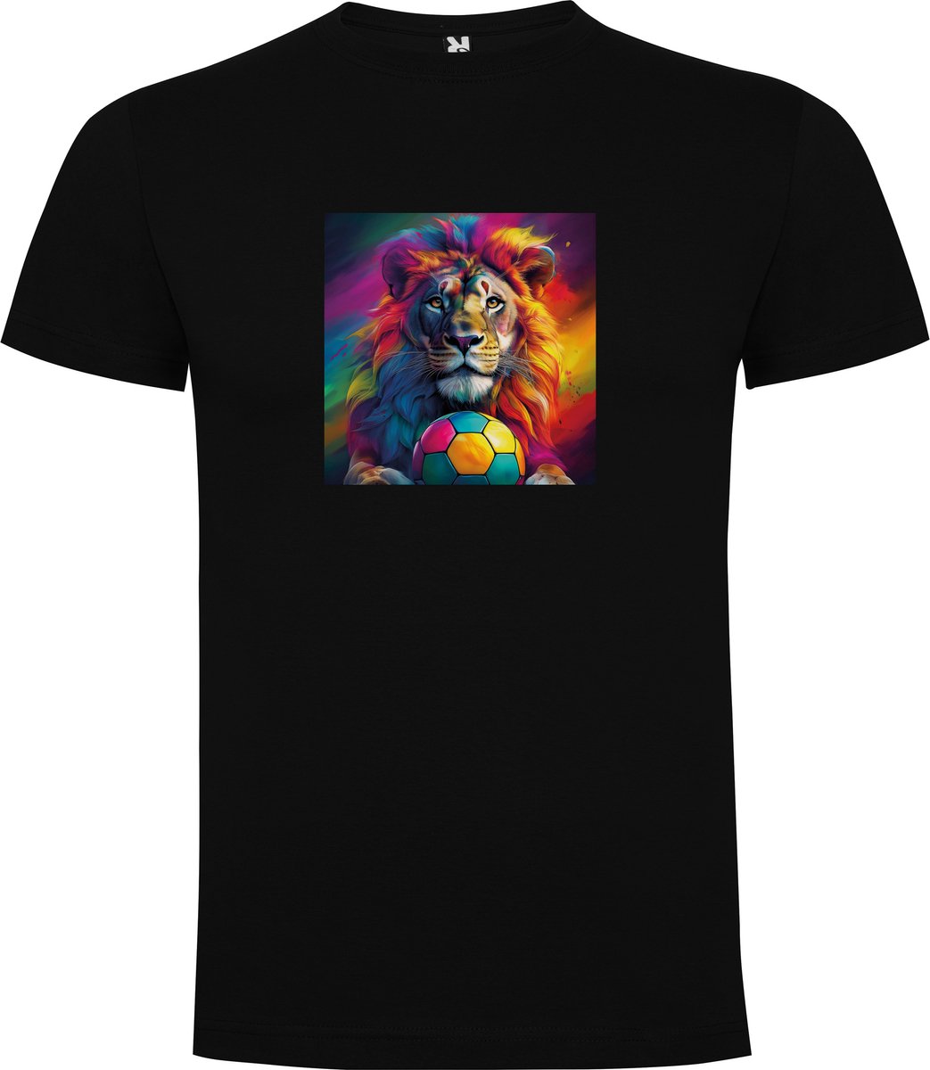 Zwart T-Shirt met “Kleurrijke Leeuw – Voetbal – Stoer “ Print Full Color Maat 2XL
