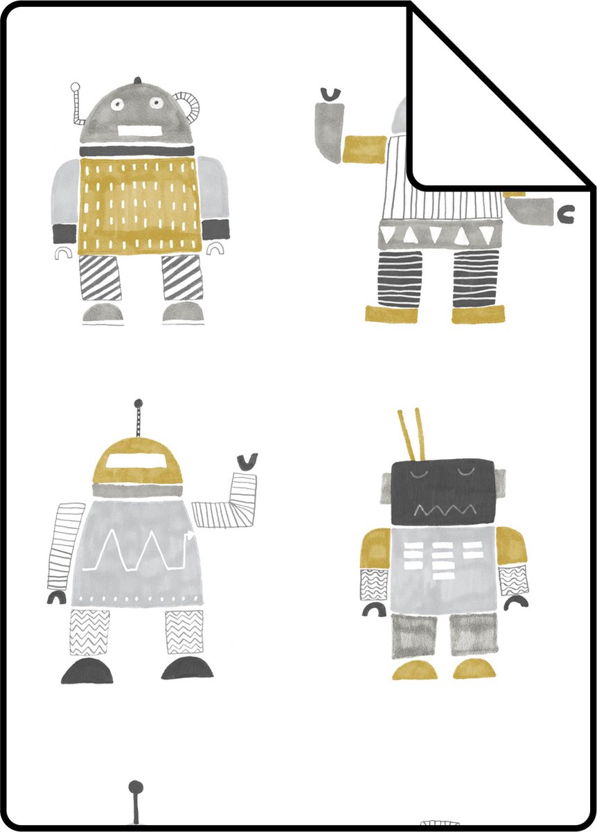 Proefstaal ESTAhome behang getekende vintage speelgoed robots okergeel en zilver - 26.5 x 21 cm - 138940-S