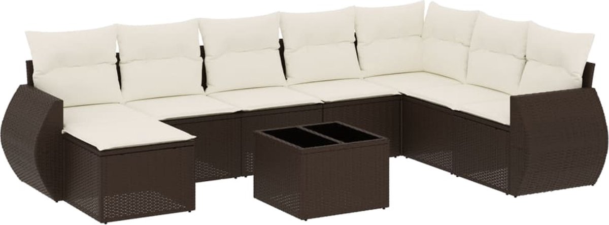 vidaXL 9-delige - Loungeset - met - kussens - poly - rattan - bruin