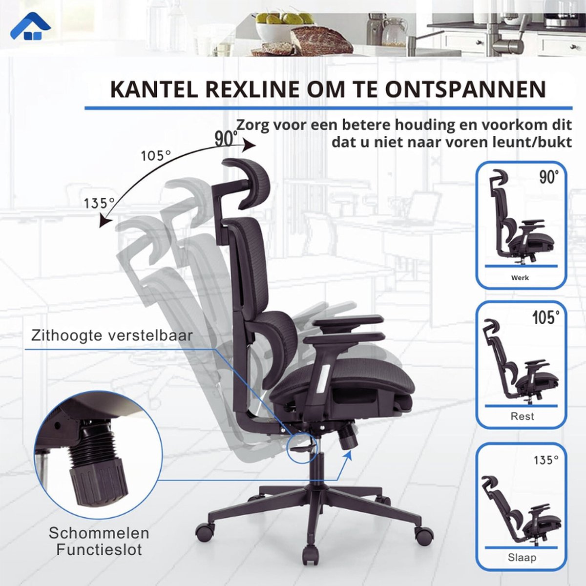 Ergonomische Bureaustoel - Intrekbare Voetensteun - Hoge Rug - afbeelding 2