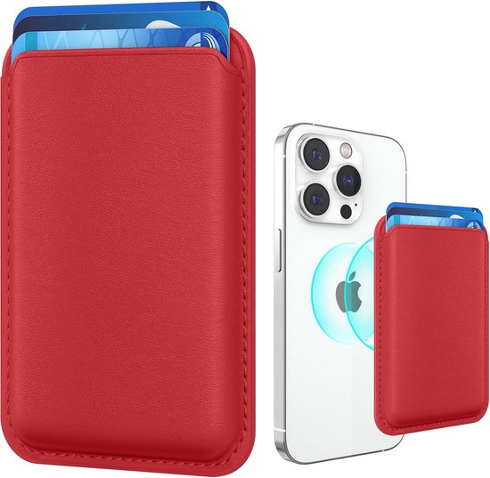 Magnetische pasjeshouder geschikt voor alle iPhone en Magsafe hoesjes - Magsafe Wallet - Kaarthouder pasjes - Magsafe pasjeshouder - Magsafe Kaarthouder geschikt voor iPhone 12/13/14/15/16 (Pro/Pro Max/Plus/Mini) - Pu Vegan Leer - Rood