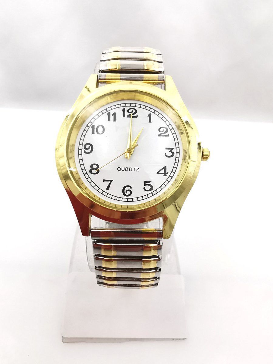 Horloge - Rekband - Heren-Dames - Klassiek - Ø 37mm - Goud met zilverkleurig - Witte duidelijke wijzerplaat - past bijna elke pols.