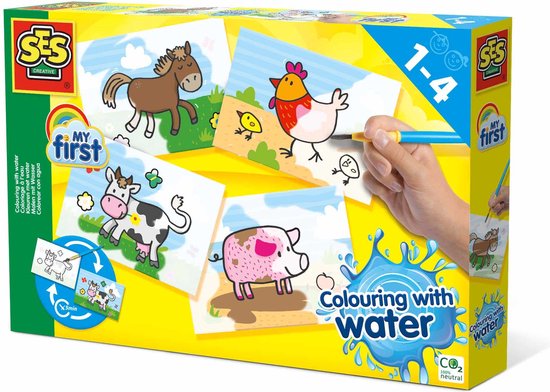 SES - My First - Verven - Kleuren met water - Boerderij dieren - zonder geknoei - inclusief 4 voorbedrukte kaarten en kwast - steeds opnieuw te gebruiken