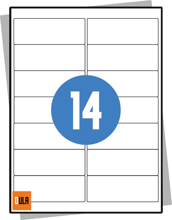 Veertien witte rechthoekige etiketten op een vel. Blauwe cirkel met getal 14. Dula logo.