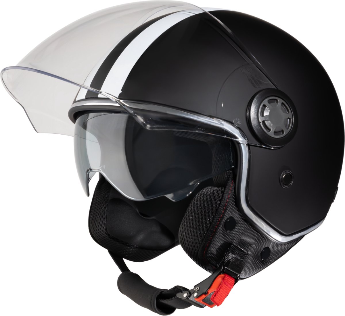VINZ Parchi Scooterhelm met zonnevizier / Jethelm met streep / Brommer Helm / Motorhelm / Helm Scooter Retro / Snorfiets helm / Snorscooter helm - Geschikt Voor Helmplicht Blauw Kenteken - Mat Zwart - XS