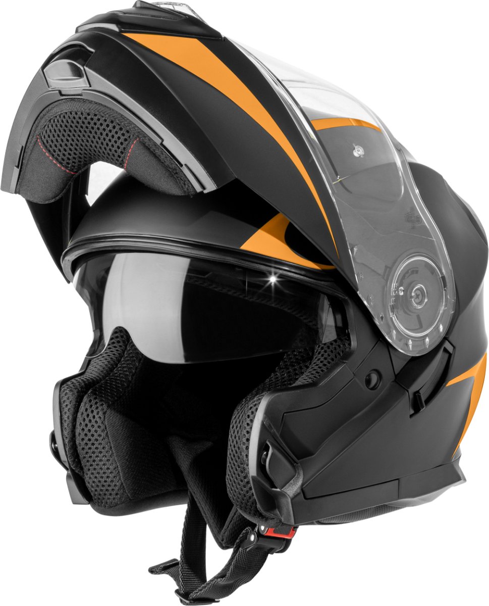 VINZ Busan Systeemhelm met Zonnevizier | Scooterhelm & Motorhelm & Brommerhelm | ECE 22.06 goedgekeurd | Lichtgewicht 1600 gram | Inclusief Opbergzak | Oranje - XXL