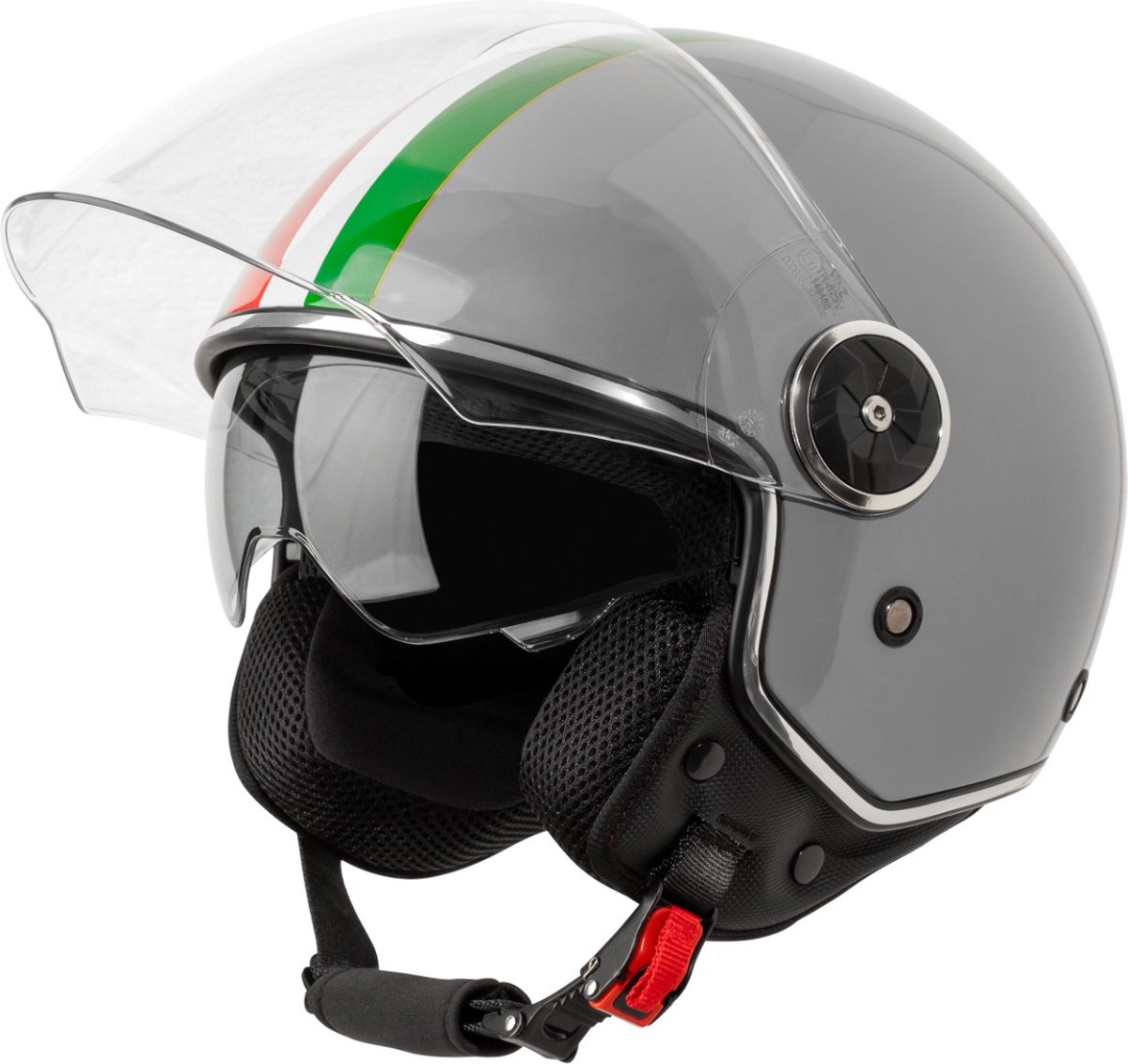 VINZ Neiva Jethelm met Zonnevizier | Scooterhelm Retro & Motorhelm Retro & Brommerhelm & Snorfietshelm | Italiaanse Vlag | ECE 22.06 goedgekeurd | Lichtgewicht 1200 gram | Voor Heren & Dames | Inclusief Opbergzak | Grijs - XL