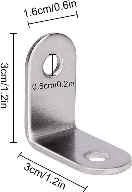 Zilverkleurige L-vormige hoekverbinder met afmetingen in cm en inch.