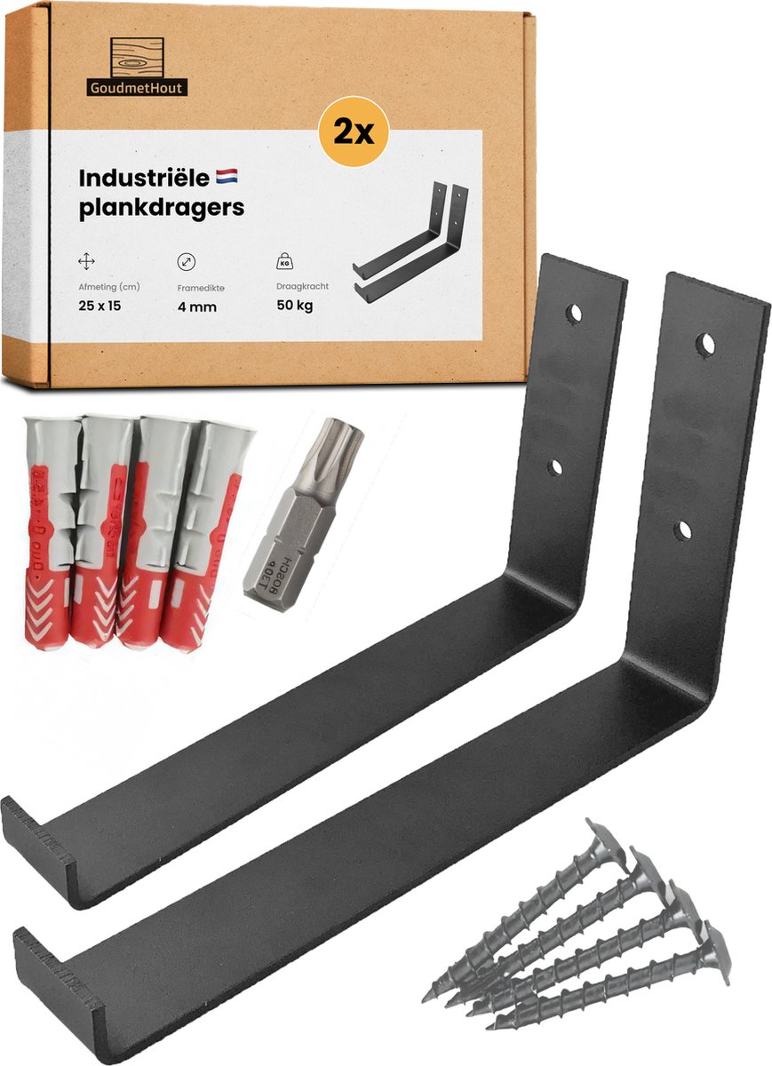 GoudmetHout® Industriële Plankdragers L-vorm UP - 25 cm - Stalen Plankdrager voor Wandschap, Muurrek of Wandconsole - Max 50 kg - 2 Stuks - Mat Blank