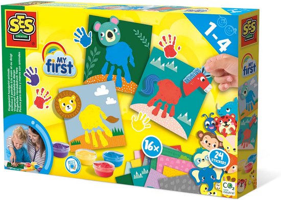 SES Creative - My First - Vingerverf Handafdruk Dieren - 4 kleuren - met 16 vingerverf kaarten en stickers - Glutenvrij- Makkelijk Uitwasbaar - 1 tot 4 jaar