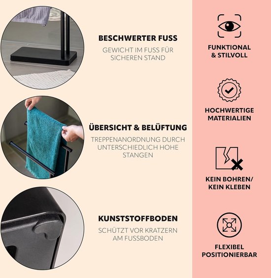 Tendance Handdoekenrek Vrijstaand - Zwart - 2 Stangen - 81 Cm