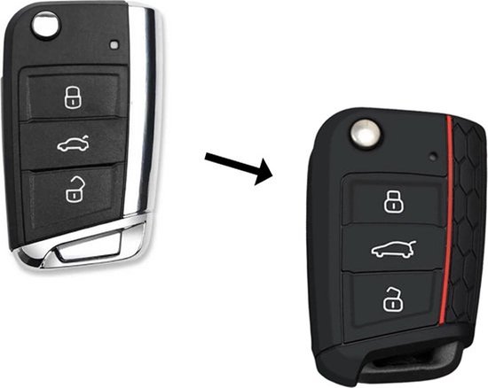Vergelijking van een zilverkleurige autosleutel met de zwarte siliconen autosleutelcover met rode accenten.