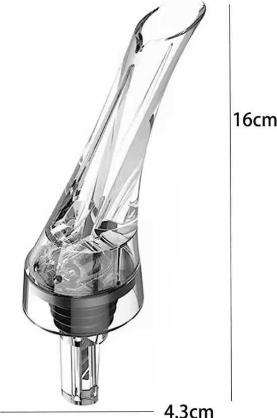 Transparante wijnschenker met een gebogen tuit en een afmeting van 16cm hoog en 4.3cm breed.