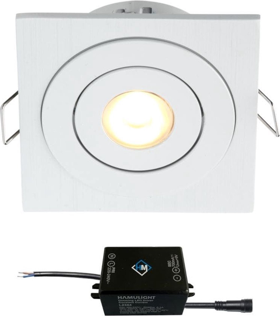 Cree LED inbouwspot Soria wit in - 3W / vierkant / dimbaar / kantelbaar / 230V / IP44 / downlights / plafondspots / spotjes / inbouwspots / badkamer / woonkamer / keuken / spotlight / warmwit