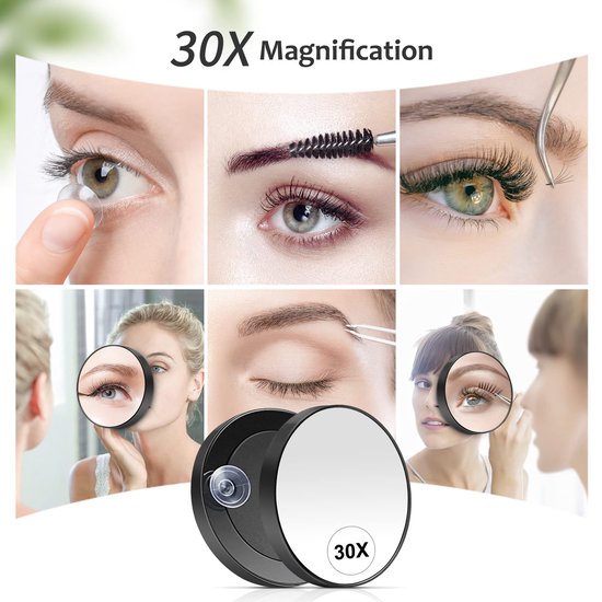 Collage toont toepassingen van de 30x vergrotende spiegel voor make-up, wenkbrauwen en wimpers.