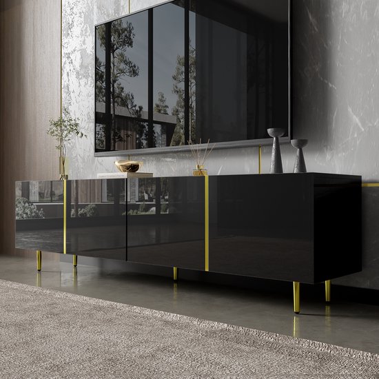 KOMHTOM Zwarte tv-standaard, dressoir, tv-kast, lowboard met laden en gouden poten, tv-meubel voor slaapkamer en woonkamer (zwart goud
