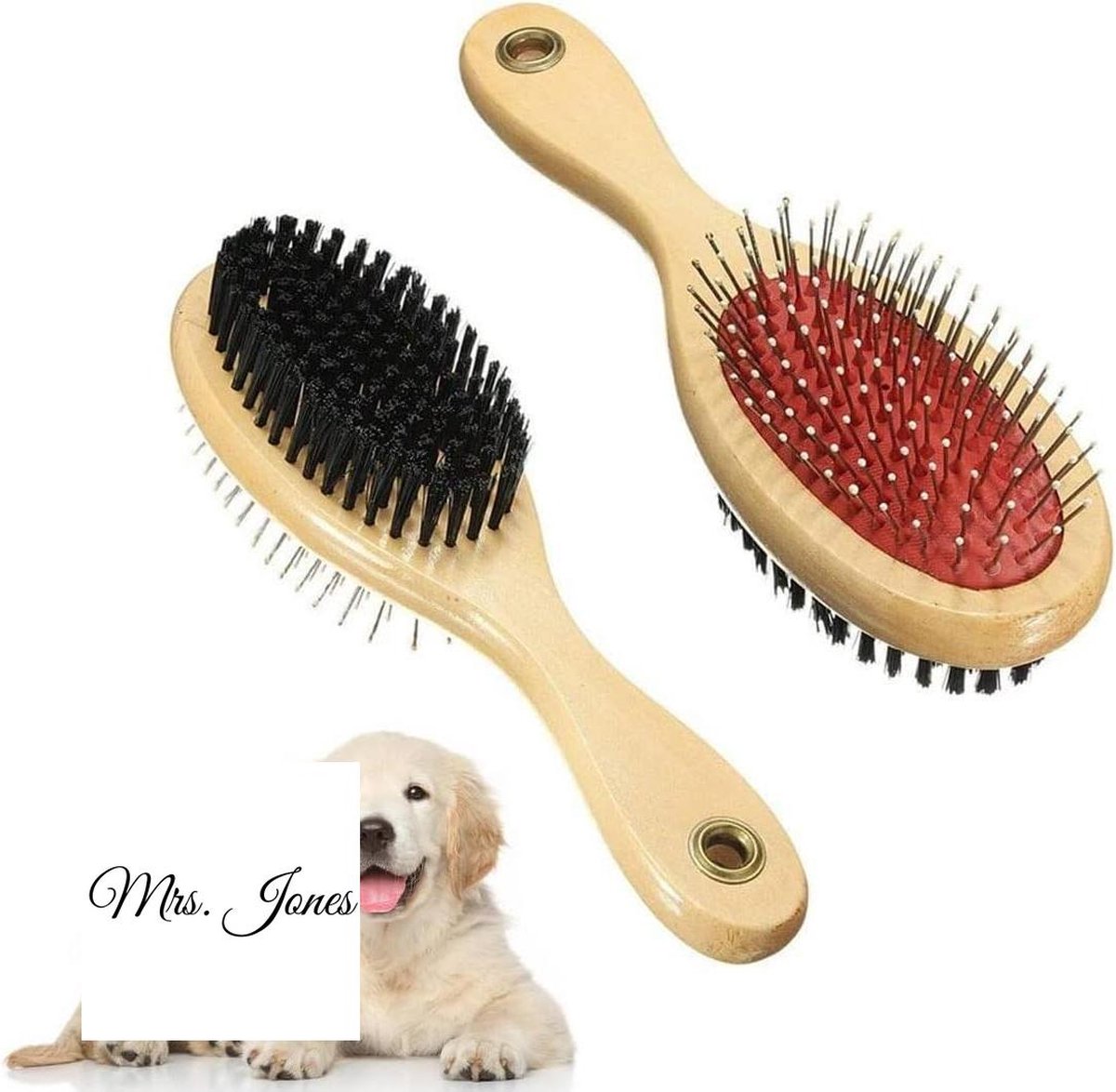 Mrs. Jones Houten hondenborstel dubbelzijdig huisdierenhaar verzorgingsborstel – hond pin borstel en zachte harenborstel – hondenkam en verzorgingsgereedschap voor reiniging van honden en katten .