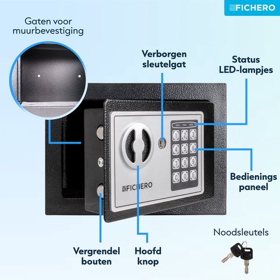 Elektronische Kluis Staal - Kluisje met Cijferslot - Geldkluis - 23 x 17 x 17 cm - 4,5 L - Vaderdag Cadeau voor Papa - Cadeaus voor Hem - Zwart - Fichero