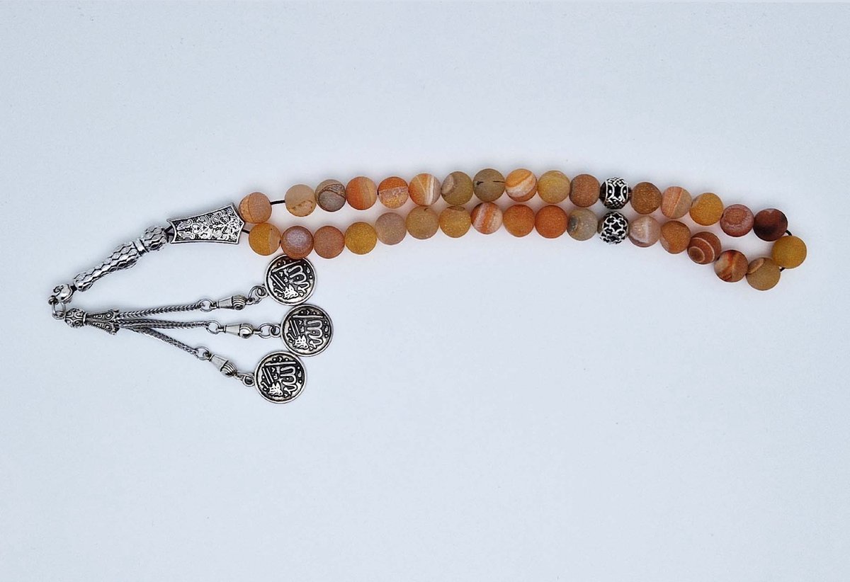 Handgemaakte tesbih "tasbih" natuursteen " Oranje frosted agaat " - Aantal kralen 33 - Diameter kralen 10 MM - met metaal tassel "model 2" - Een mooi cadeau-idee