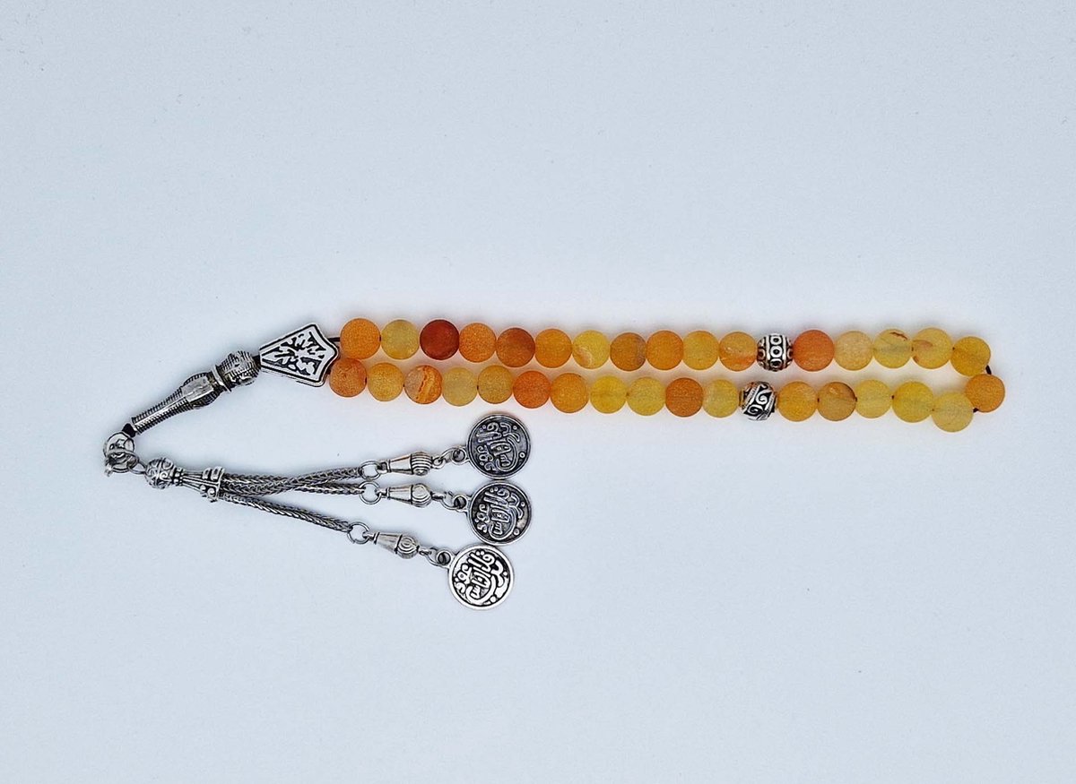 Handgemaakte tesbih "tasbih" natuursteen " Oranje frosted agaat " - Aantal kralen 33 - Diameter kralen 8 MM - met metaal tassel "model 3" - Een mooi cadeau-idee