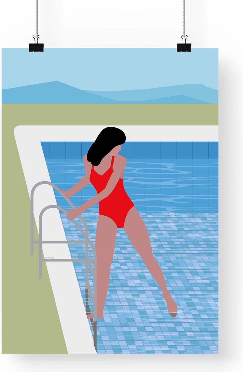 Artprint Koudwatervrees - Zwemmer illustratie op A3 formaat - Zomerse zwembad poster