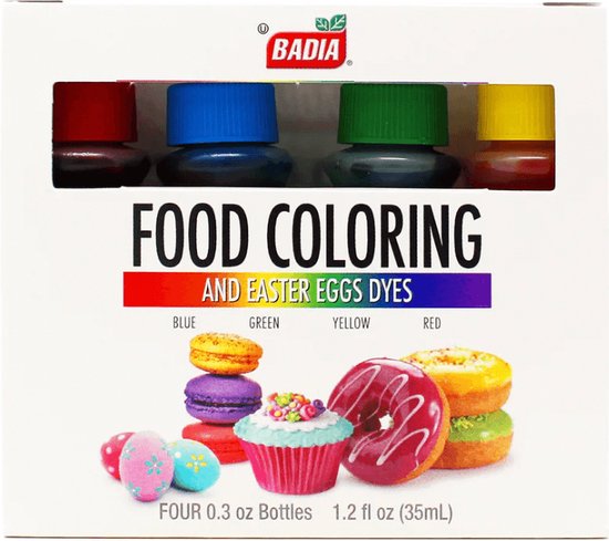Badia voedingskleurstof en paaseidyes in rood, blauw, groen en geel. Vier flesjes van 0,3 oz.