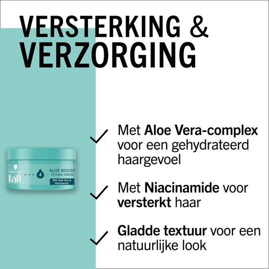 Taft Aloe Boost Styling Cream pot met tekst "Versterking & Verzorging" en "Met Aloe Vera-complex".