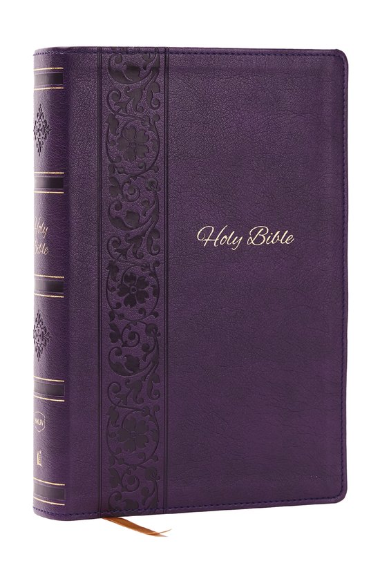 Paarse Bijbel met "Holy Bible" in goudkleurige letters en decoratieve bloemrand op de zijkant.