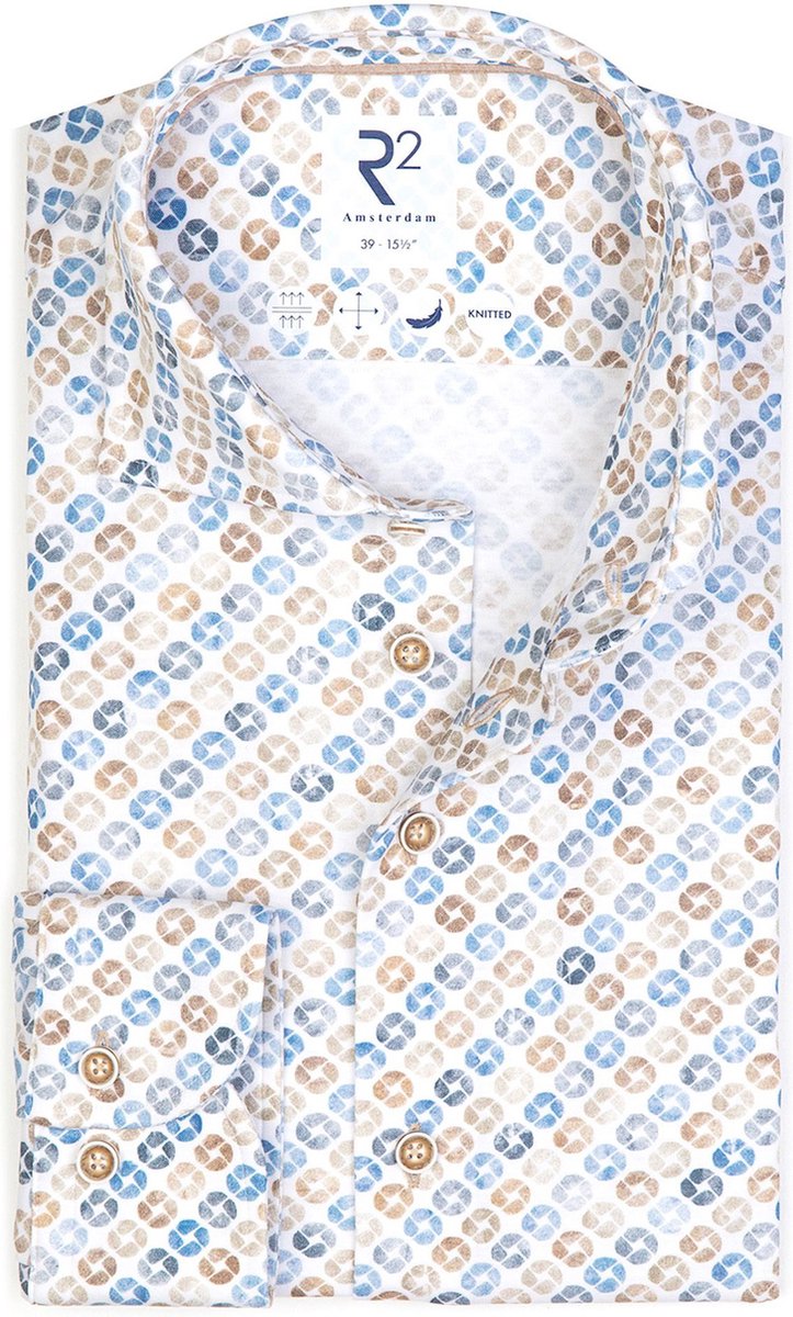 R2 Knitted Knitted Overhemd Beige Blauw - Maat 44 - Heren - Overhemden Casual