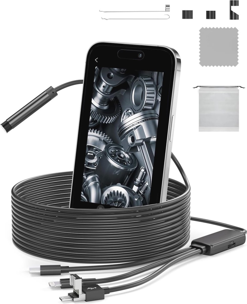 Endoscoopcamera 1920P HD met 8 LED-verlichting - Waterdichte Slangcamera voor Pijpinspectie - 5 m Semi-stijf Snoer voor Android en iOS
