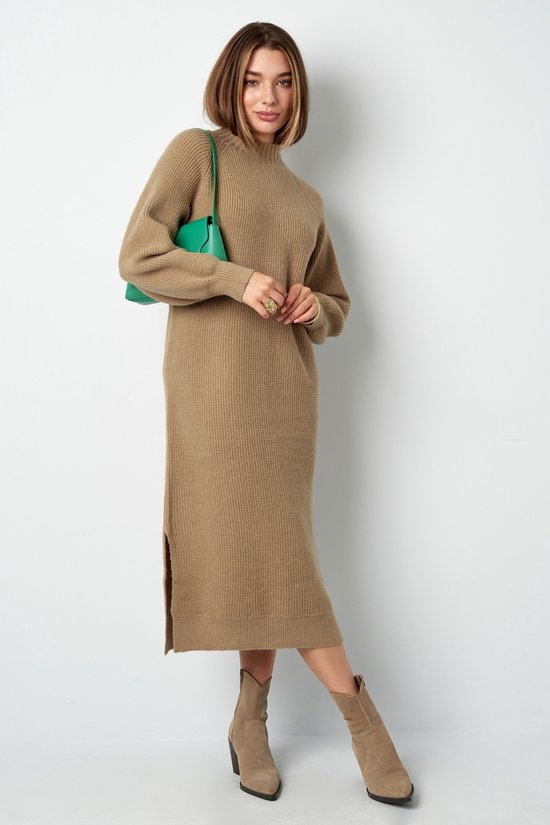 Gebreide lange dames jurk - bruin/beige maat S-M