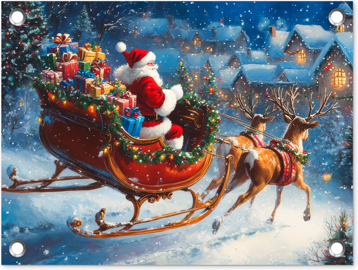 Kerstman en rendier op een kersttuinposter met sneeuw, ideaal voor buiten decoratie, schutting tuinschilderij, muur- en balkondoek.