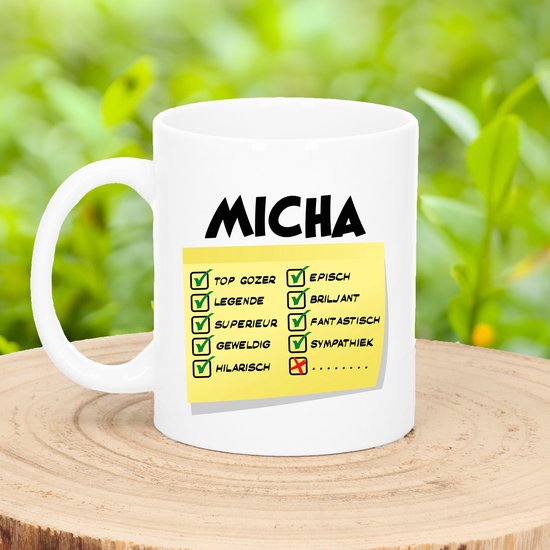 Bellatio Decorations Naam mok Micha - wit - top gozer - keramiek - 300 ml - cadeau collega beker