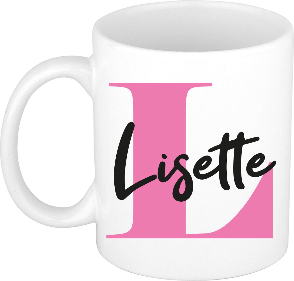 Bellatio Decorations Naam mok Lisette - roze - wit - keramiek - 300 ml - cadeau beker