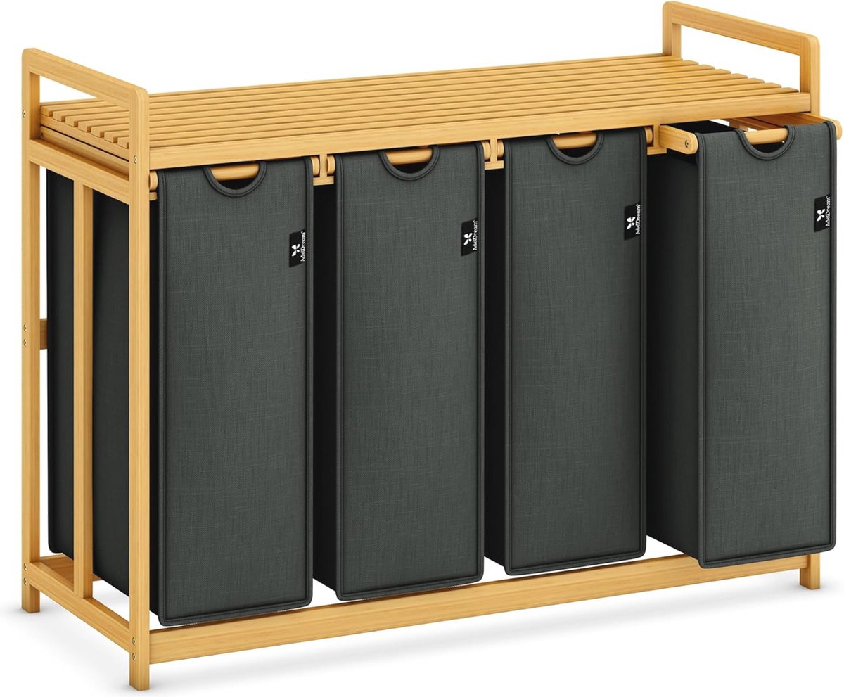 Goedkoopste Wasmand met Bamboeframe en 200 Liter Capaciteit - 4 Vakken en Uittrekbare Waszak