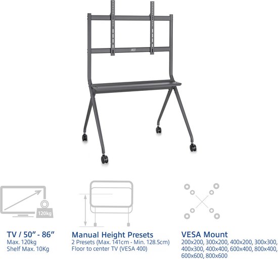 Support TV gris pour écrans 50"-86", max. 120kg, avec montage VESA et roulettes verrouillables.