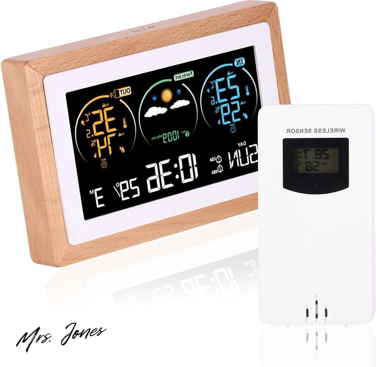 Mrs. Jones Draadloos Weerstation Buitenthermometer Digitale Klok Alarm Datum Dag Weergave Houtkleur .