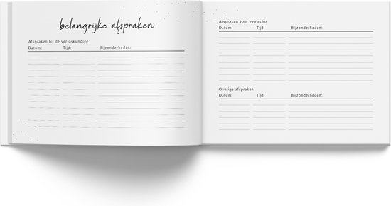 Binnenpagina's van een echoboekje met ruimte voor 'Belangrijke afspraken'.