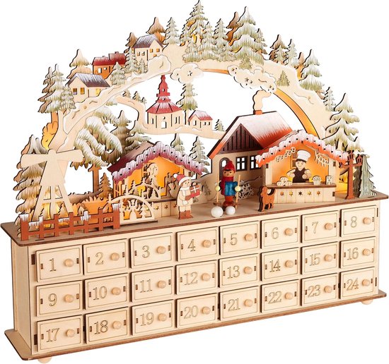 BRUBAKER Adventskalender om te Vullen - Kerstdorp 2024-40 cm Houten Kerstkalender met LED-Verlichting - Dorp met Kinderen, Bakkerij, Hond en Bos - Kalender met Boog - Verlicht