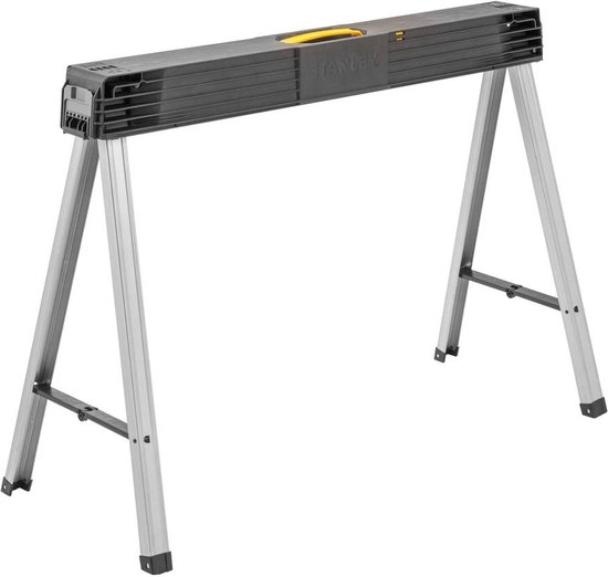 Zwarte zaagbok met aluminium poten, in uitgeklapte toestand.